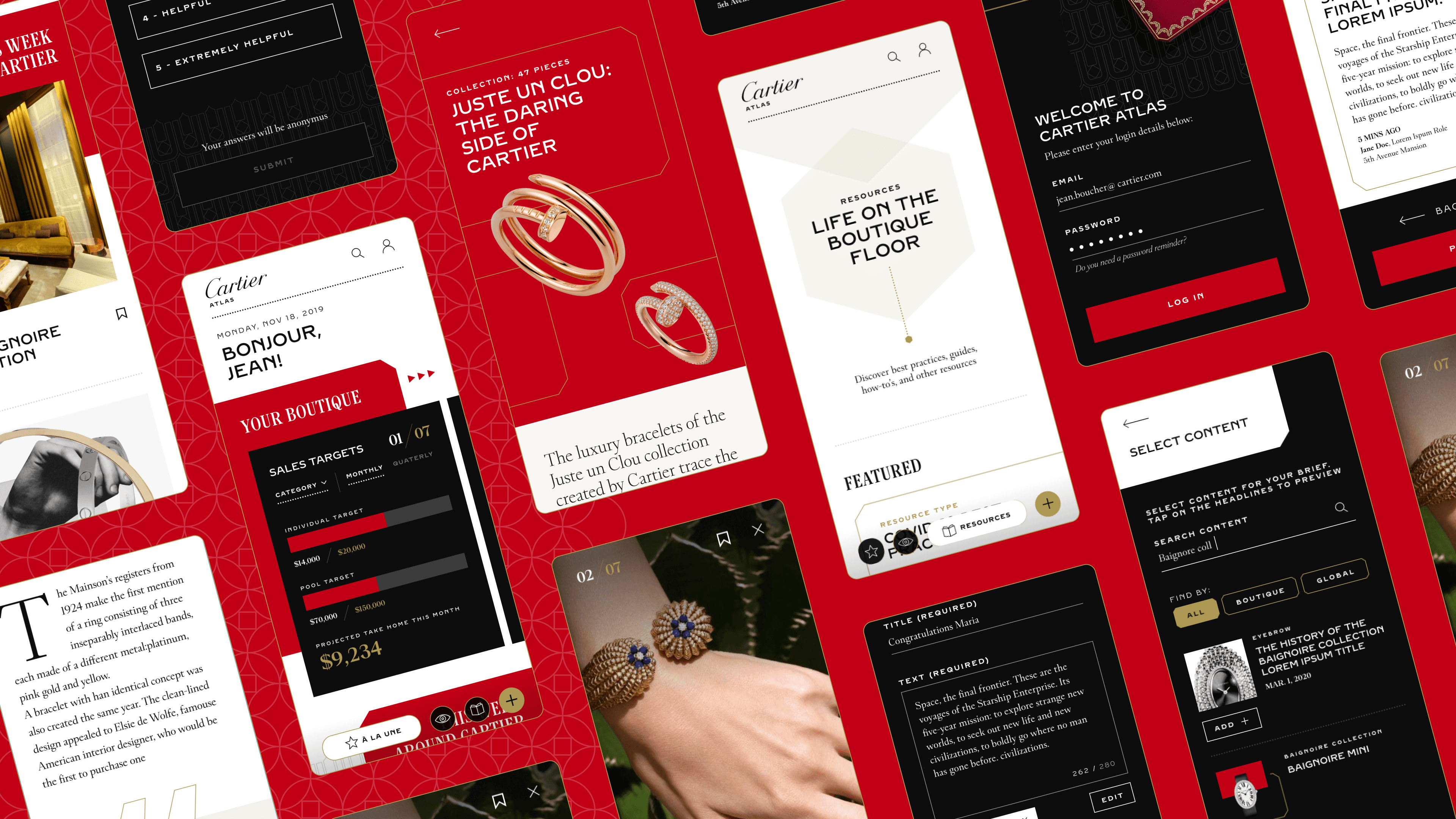 Cartier Atlas app screens showing retail publishing platform and client advisor tools