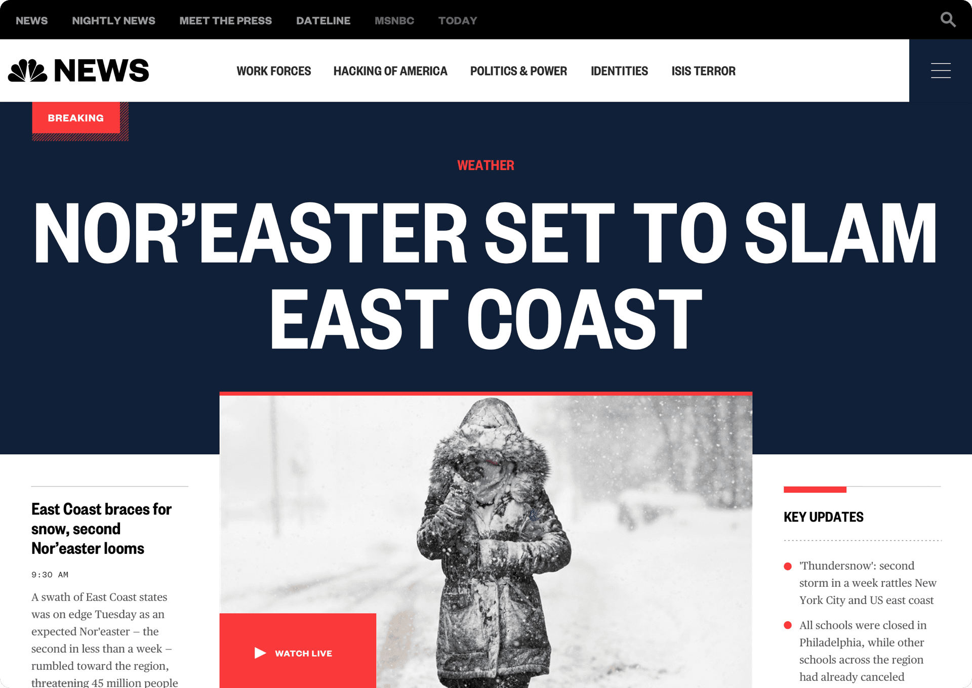 MSNBC homepage showing live video integration and editorial layout